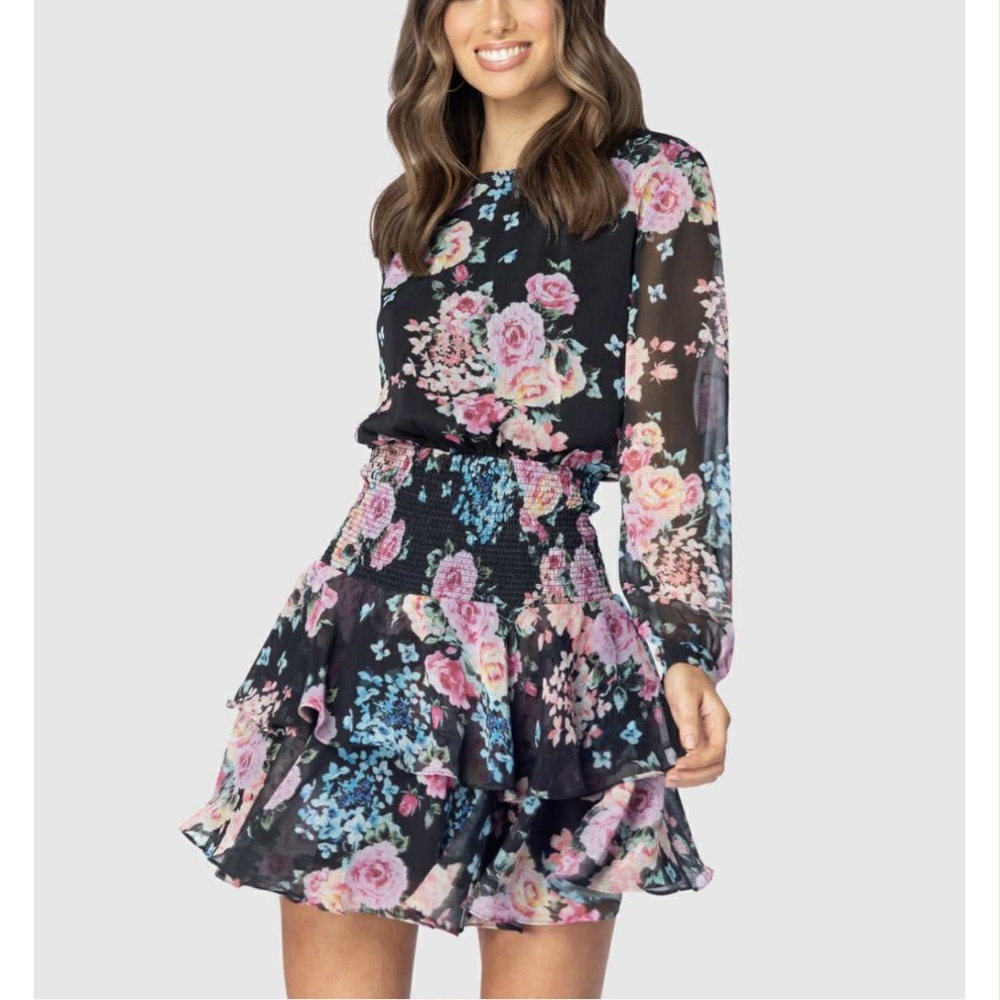 NEW! PILGRIM Black Multicolor Floral Smock Lined Tiered Dress Size 2